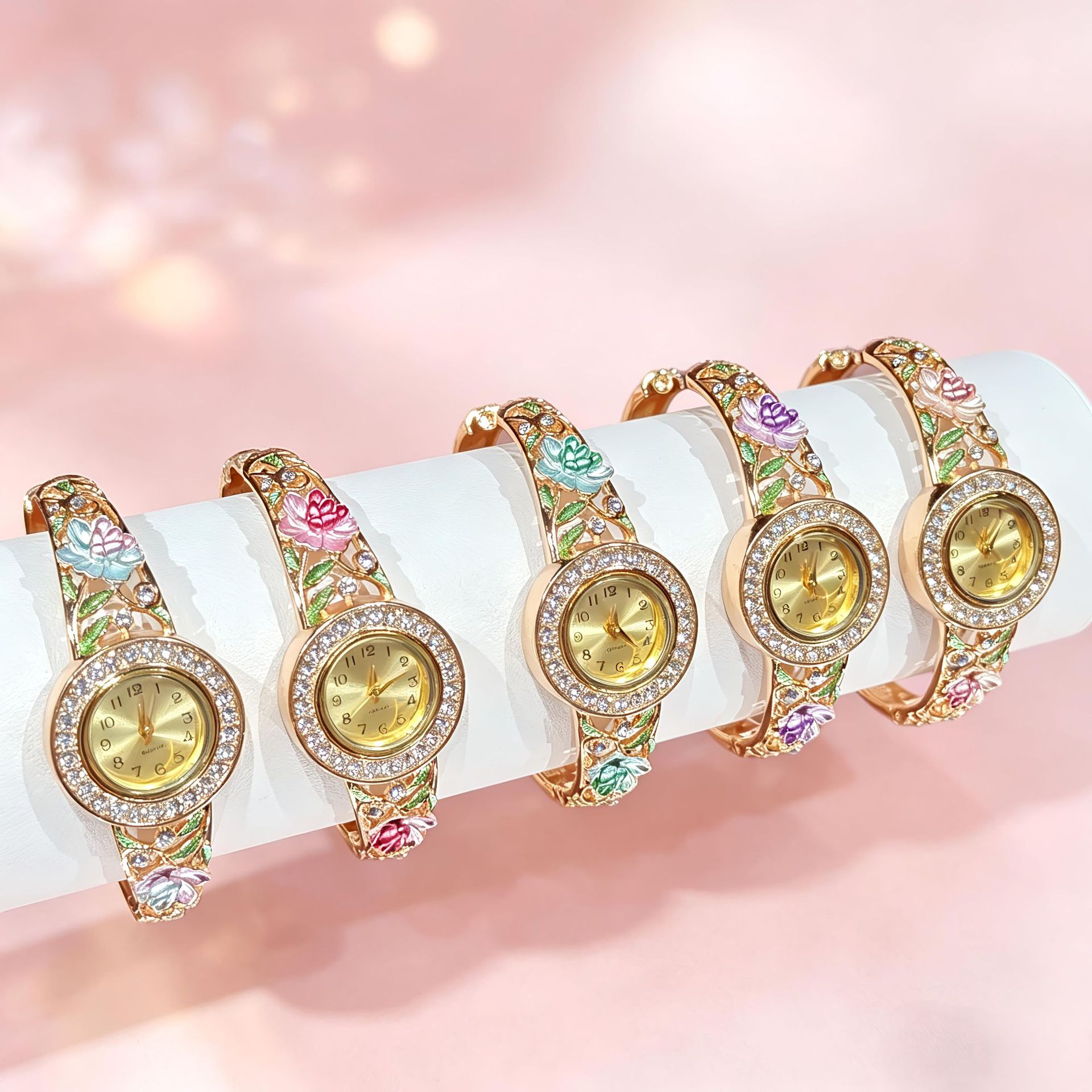 Vintage Jewelry Watches Women - Vintage gouden emaille bloemen polshorloge voor